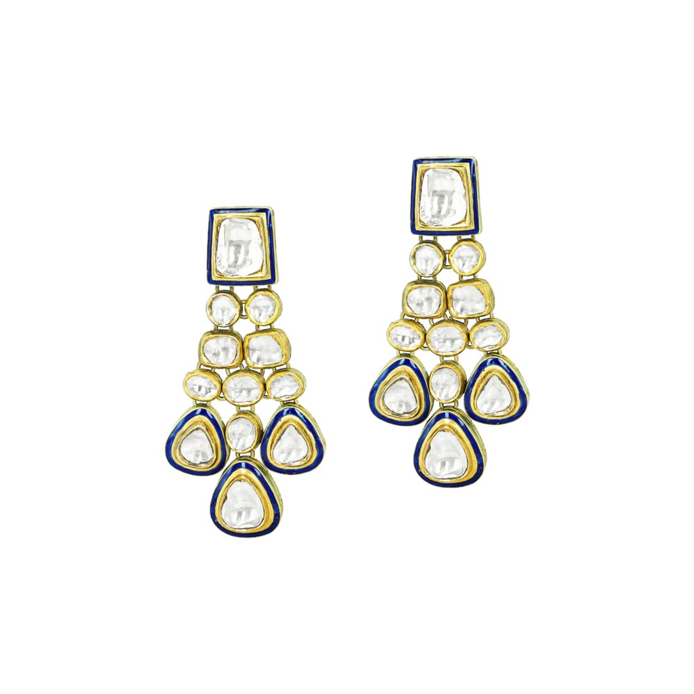 Cascading Polki Earrings with Blue Enamel